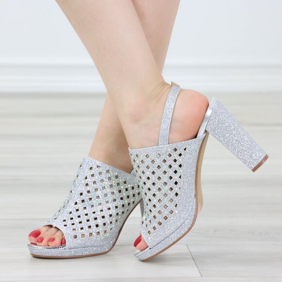 Sparkly Rhinestone Glitter Silver Platform High Heels Open Toe Party Shoes - Picture 13 of 14